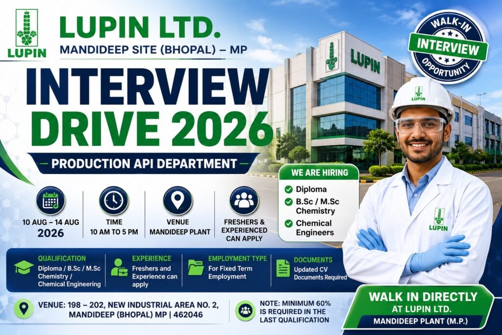 Lupin Mandideep Recruitment 2026: Walk-In Interview for Production API | Freshers & Experienced Candidates