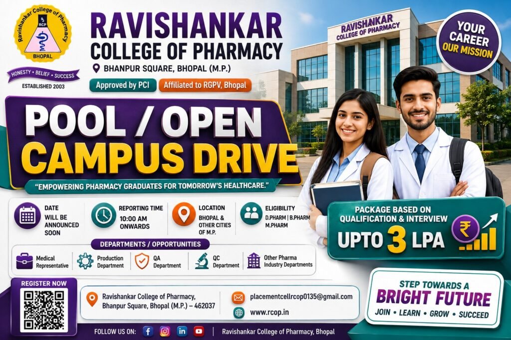 Ravishankar College of Pharmacy Bhopal Open Campus Drive 2026: D.Pharm, B.Pharm & M.Pharm Jobs Up to ₹3 LPA