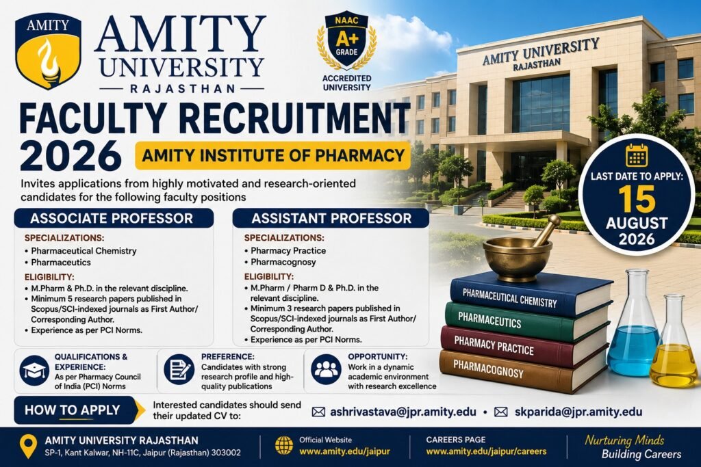 Amity University Rajasthan Pharmacy Faculty Recruitment 2026: Associate & Assistant Professor Vacancies – Apply by 15 August