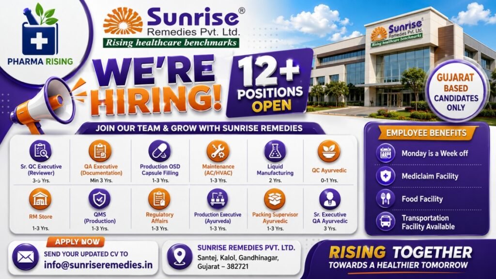 Sunrise Remedies Recruitment August 2026 – 12 Pharma Jobs in Gujarat | Apply by Email