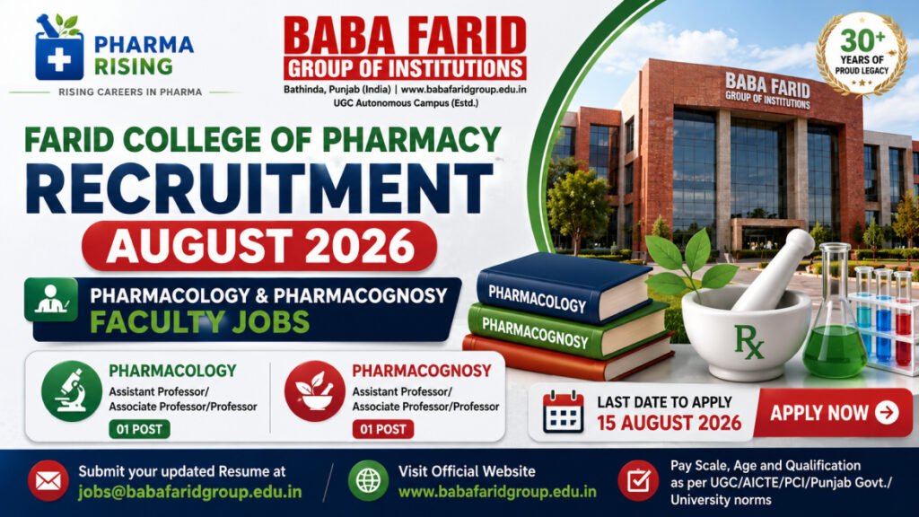 Baba Farid College of Pharmacy Recruitment August 2026 – Pharmacology & Pharmacognosy Faculty Jobs | Apply by 15 August