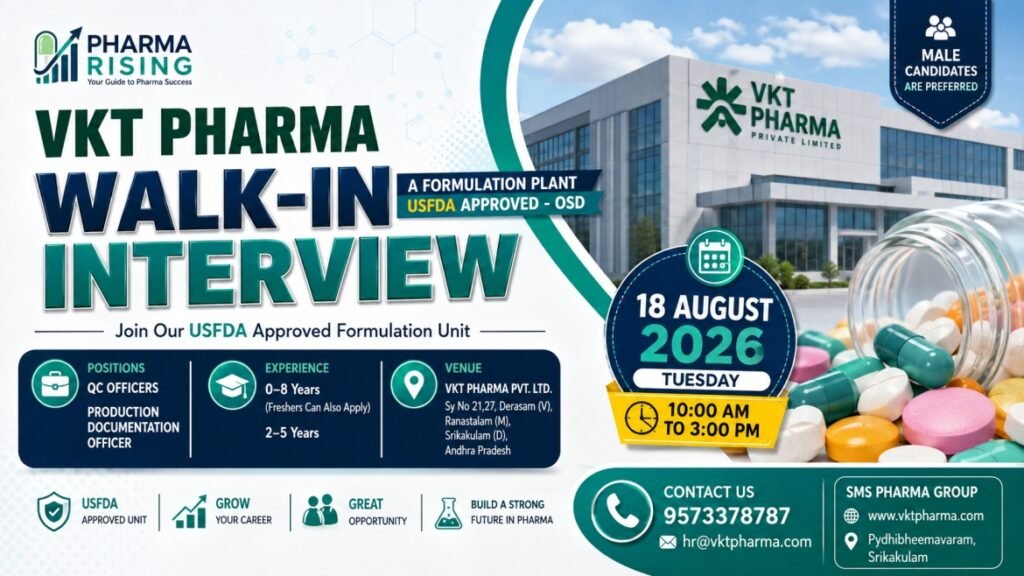 VKT Pharma Walk-In Interview August 2026 – QC Officers & Production Documentation Jobs | Freshers Can Apply