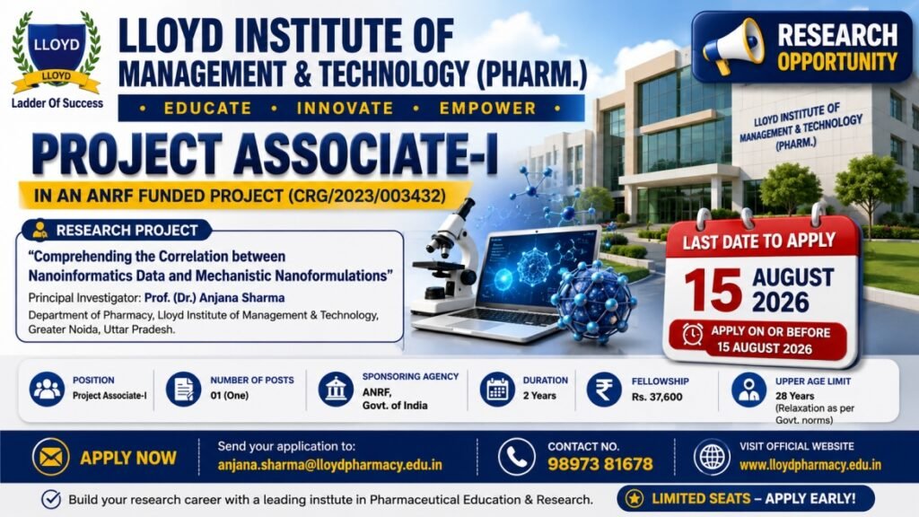 Lloyd Institute Project Associate-I Recruitment August 2026 – ANRF Pharmacy Research Job | Apply by 15 August
