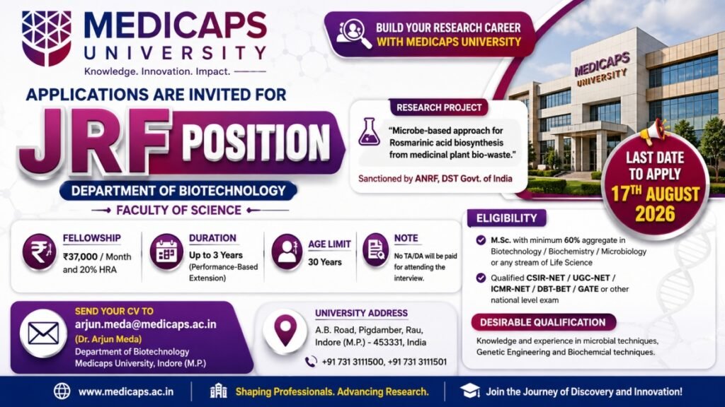 Medicaps University JRF Recruitment August 2026 – Biotechnology Research Fellowship ₹37,000/Month | Apply by 17 August