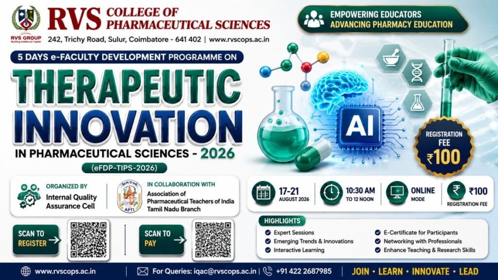 RVS College 5-Day e-FDP August 2026 – Therapeutic Innovation in Pharmaceutical Sciences | Online Programme