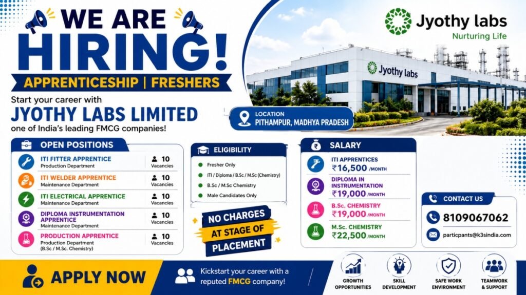 Jyothy Labs Apprenticeship Recruitment August 2026 – ITI, Diploma, B.Sc & M.Sc Freshers Jobs in Pithampur