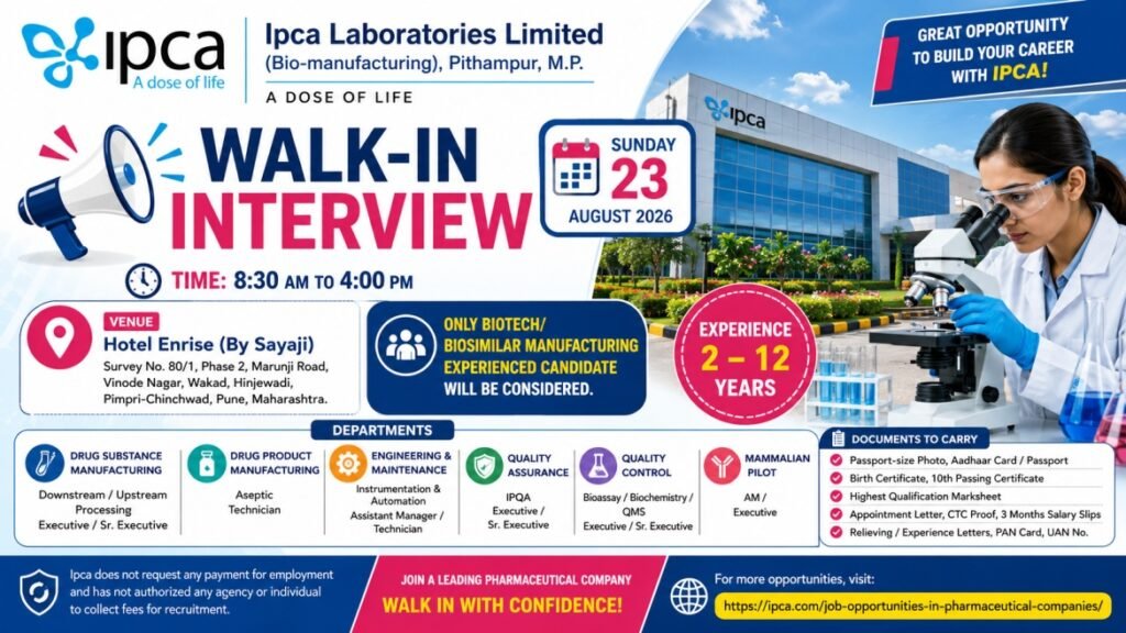 IPCA Laboratories Walk-In Interview August 2026 – Biotech, QA, QC & Manufacturing Jobs | 23 August