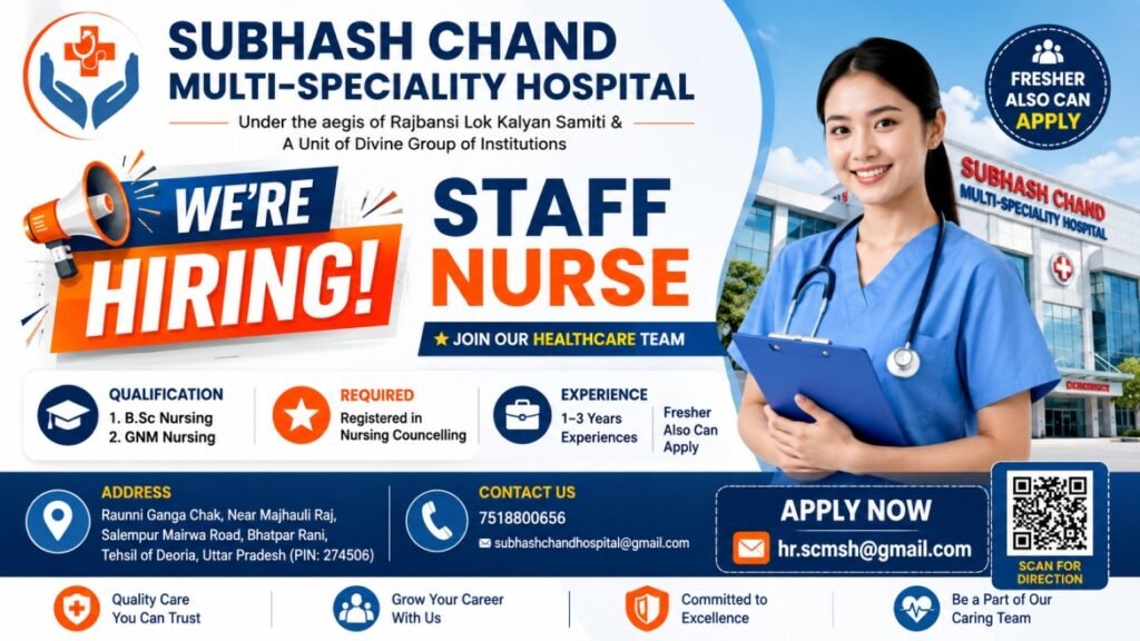 Subhash Chand Multi-Speciality Hospital Staff Nurse Recruitment August 2026 – B.Sc Nursing & GNM Jobs in Deoria
