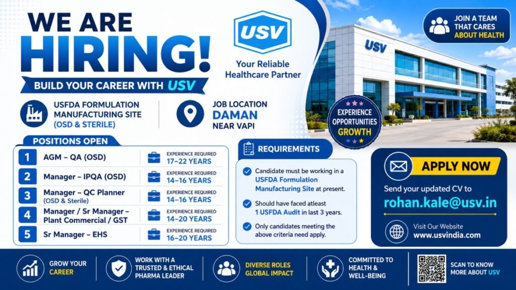 USV Recruitment August 2026 – QA, IPQA, QC, Commercial & EHS Pharma Jobs in Daman Near Vapi