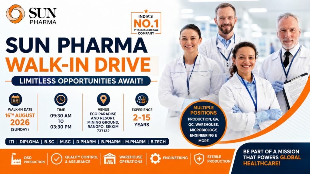 Sun Pharma Walk-In Drive August 2026 – Production, QA, QC, Warehouse & Engineering Jobs | 16 August
