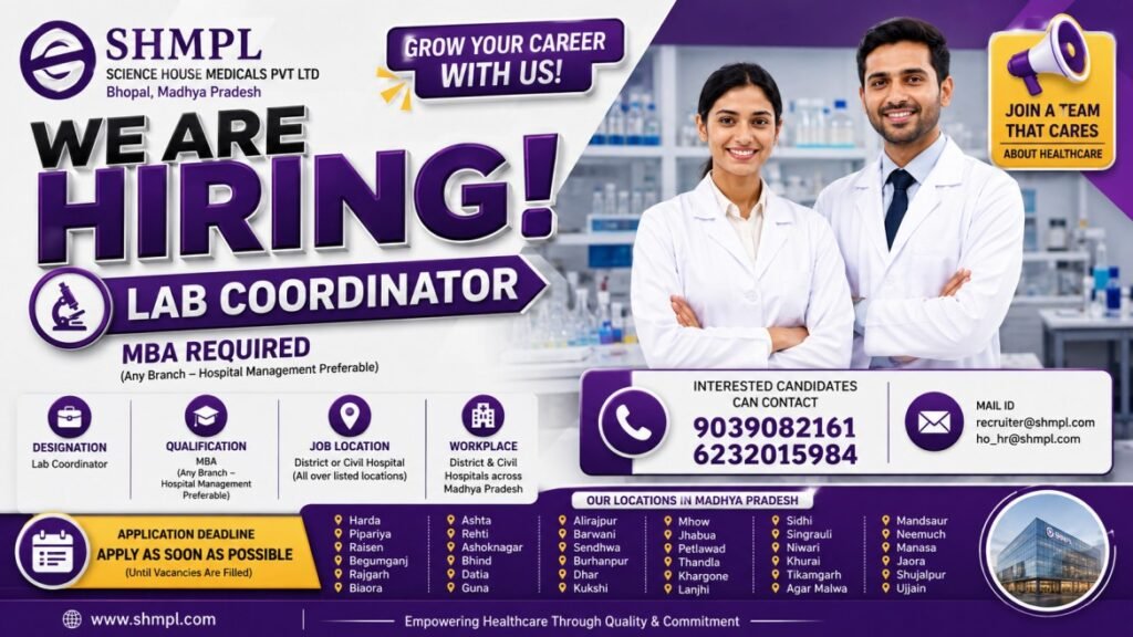 Science House Medicals Lab Coordinator Recruitment August 2026 – MBA Jobs in Madhya Pradesh | SHMPL Hiring