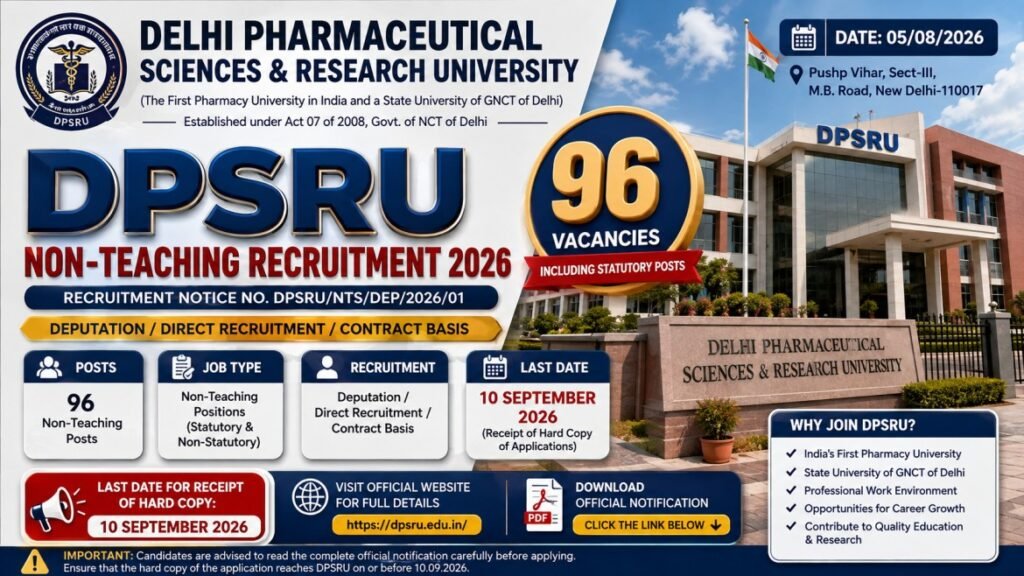 DPSRU Non-Teaching Recruitment September 2026 – 96 Posts | Apply by 10 September