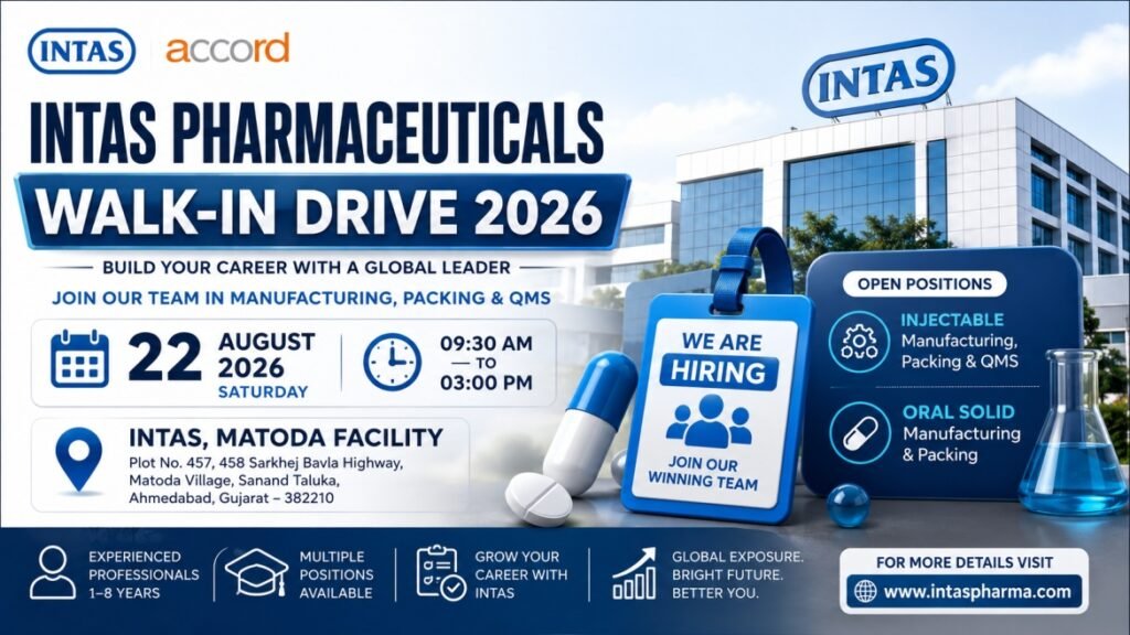 Intas Pharmaceuticals Ltd. is conducting a Walk-In Drive on 22 August 2026 (Saturday) at its Matoda facility, Ahmedabad, Gujarat.