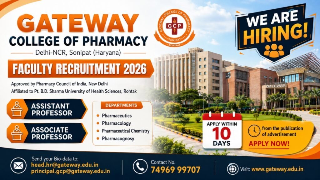 Gateway College of Pharmacy Faculty Recruitment August 2026 – Assistant & Associate Professor Jobs | Apply Within 10 Days