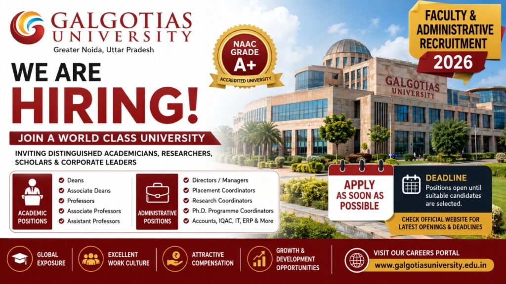 Galgotias University Recruitment August 2026 – Professor, Associate Professor, Assistant Professor, Dean & Administrative Jobs
