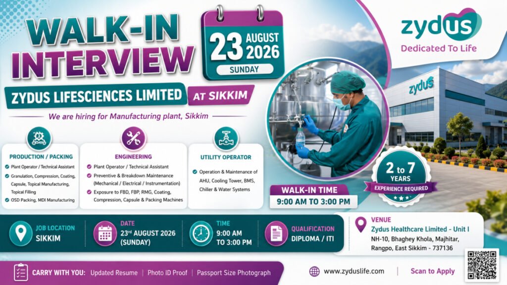 Zydus Lifesciences Walk-In Interview August 2026 – Production, Packing & Engineering Jobs in Sikkim | Walk-In 23 August