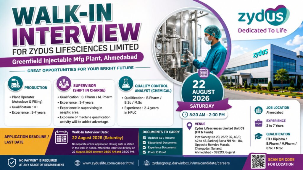 Zydus Lifesciences Walk-In Interview August 2026 – Production & QC Jobs in Ahmedabad | Walk-In 22 August