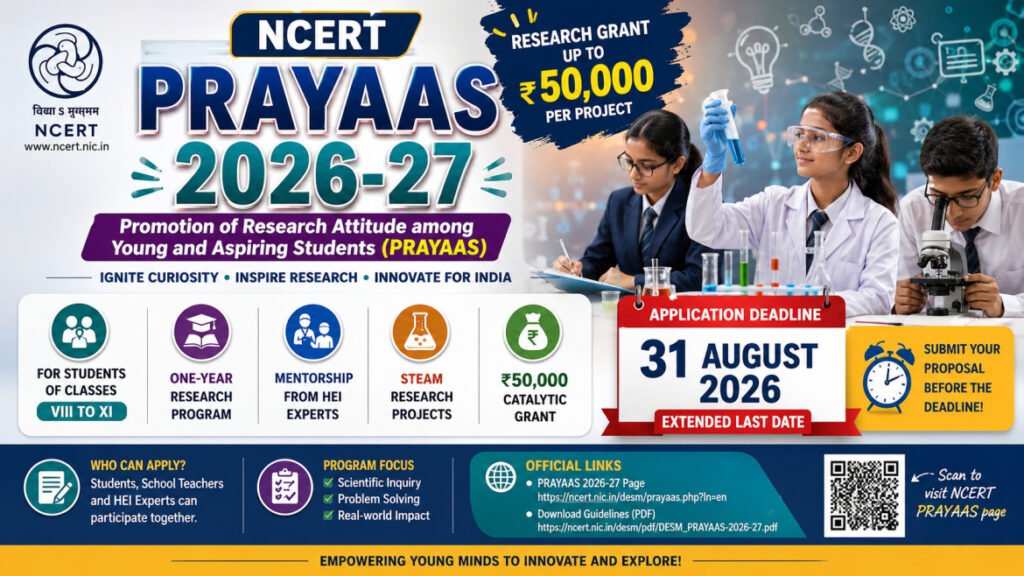 NCERT PRAYAAS 2026–27: ₹50,000 Research Grant for Classes 8–11 | Apply by 31 August 2026