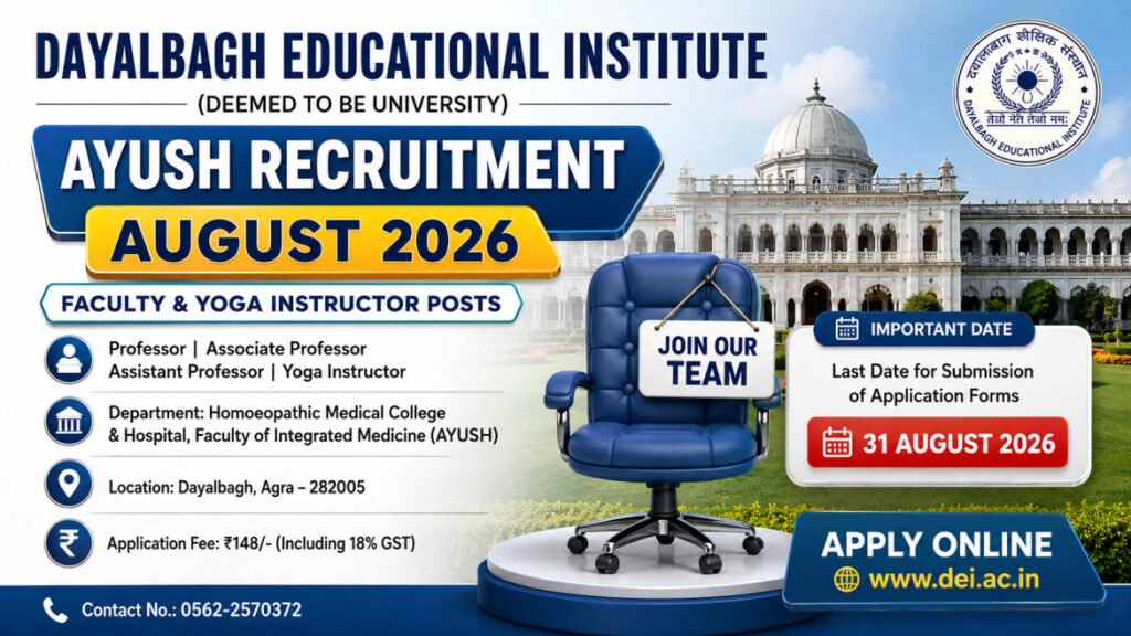 DEI AYUSH Recruitment 2026 – Faculty & Yoga Instructor Vacancies, Apply by 31 August