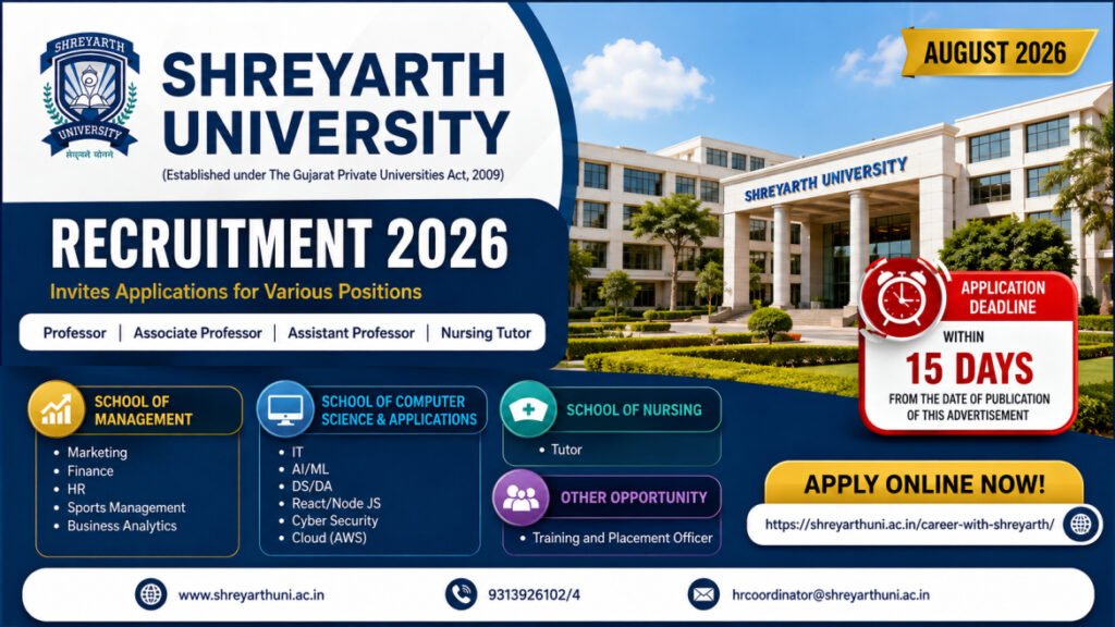 Shreyarth University Recruitment August 2026 – Professor, Assistant Professor, Nursing Tutor & Other Posts | Apply Online