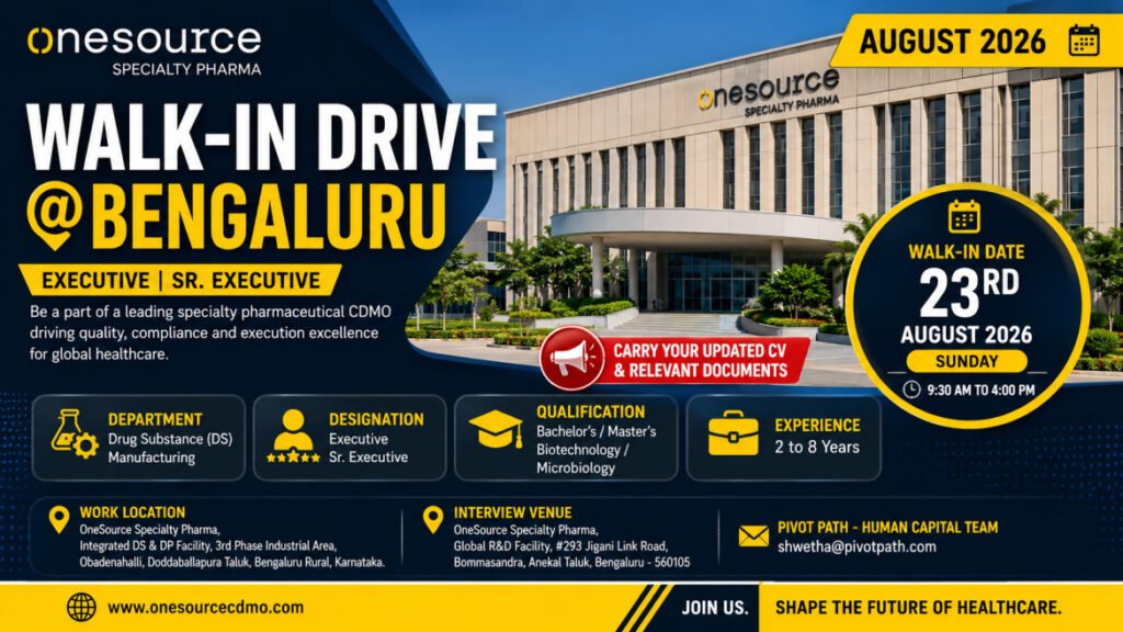 OneSource Specialty Pharma Walk-In Drive August 2026 – Executive & Sr. Executive DS Manufacturing Jobs in Bengaluru