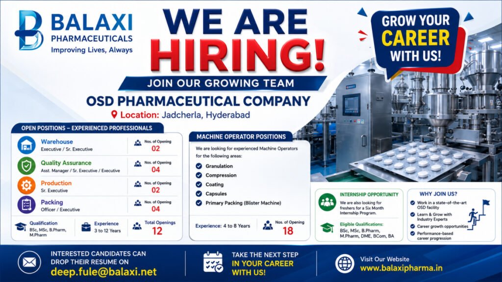 Balaxi Pharmaceuticals Recruitment August 2026 – QA, Production, Warehouse, Packing, Machine Operator & Internship Jobs