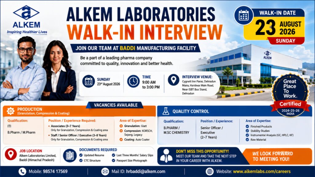 Alkem Laboratories Walk-In Drive August 2026 – Production & Quality Control Jobs | Baddi