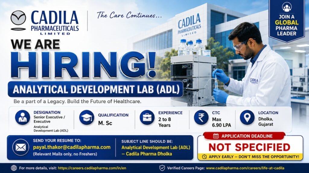 Cadila Pharmaceuticals Recruitment 2026: Analytical Development Lab (ADL) Jobs in Dholka | Salary Up to ₹6.90 LPA