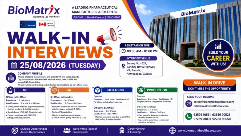 BioMatrix Healthcare Walk-In Interview August 2026: QC, QA, Production & Packaging Jobs in Ahmedabad