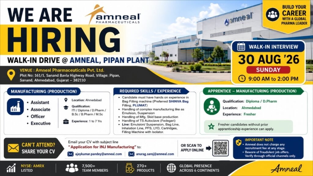 Amneal Pharmaceuticals Walk-In Drive August 2026: Manufacturing, Production & Apprentice Jobs in Ahmedabad