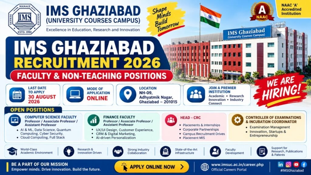IMS Ghaziabad Recruitment 2026 – Faculty & Non-Teaching Jobs | Apply by 30 August