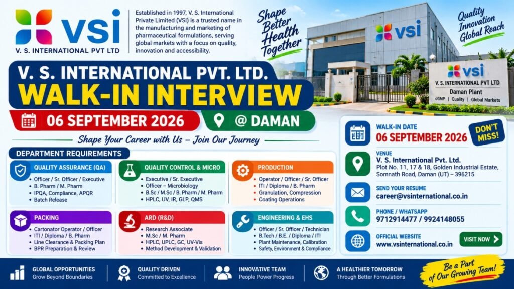 V.S. International Walk-In Drive 2026 – QA, QC, Production, Packing & ARD Pharma Jobs | 6 September