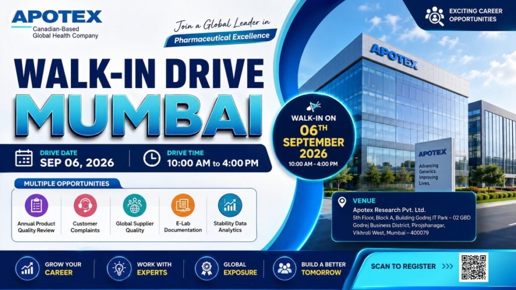 Apotex Walk-In Drive Mumbai September 2026 | B.Pharm, M.Pharm & M.Sc Jobs | Quality & Compliance Recruitment