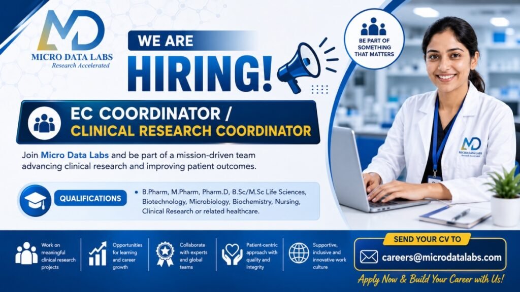 Micro Data Labs Hiring 2026: Clinical Research Coordinator & EC Coordinator Jobs | B.Pharm, M.Pharm, Pharm.D Apply