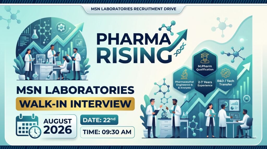 MSN Laboratories Walk-In Interview August 2026 – M.Pharm R&D & Tech Transfer Jobs | 22 August