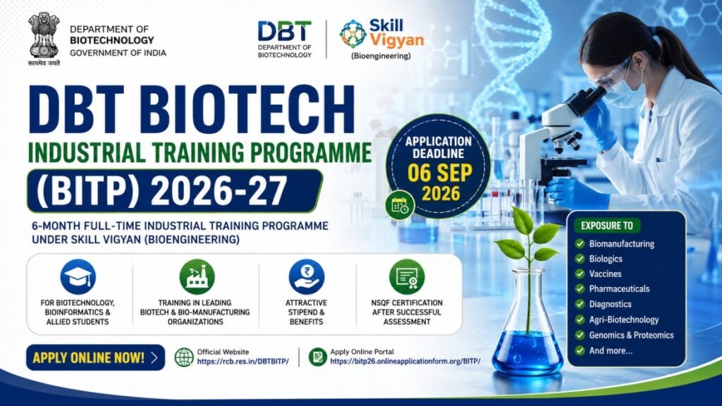 DBT BITP 2026-27 Registration Open: ₹22,300+ Monthly Stipend, Eligibility, Apply Online Before 6 September