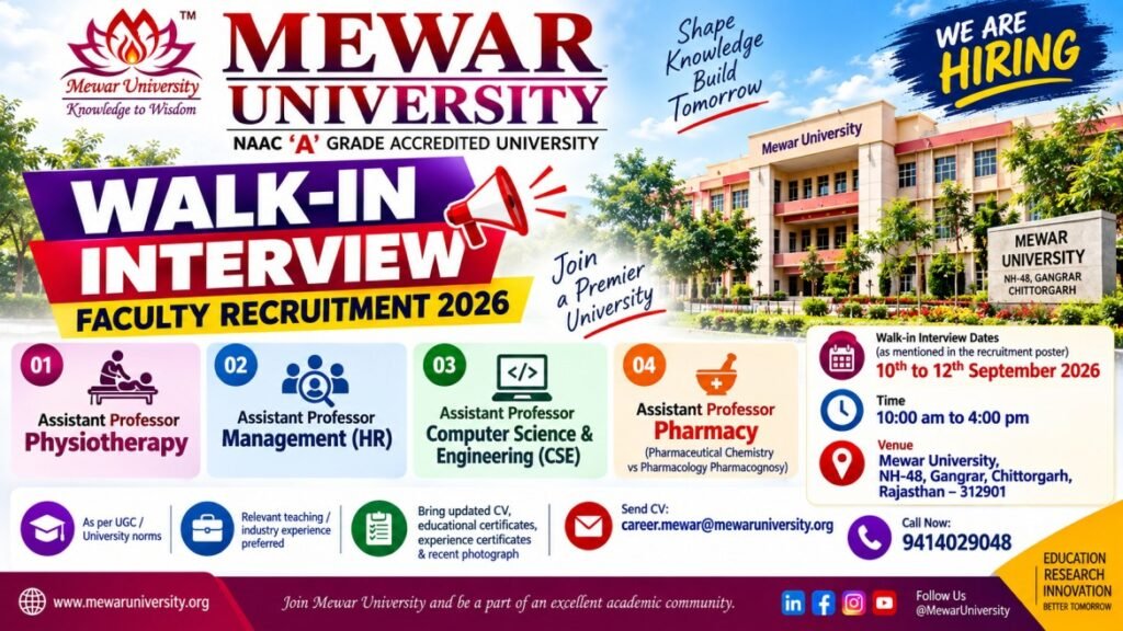 Mewar University Recruitment 2026: Assistant Professor Walk-In Interview for Pharmacy, CSE, HR & Physiotherapy