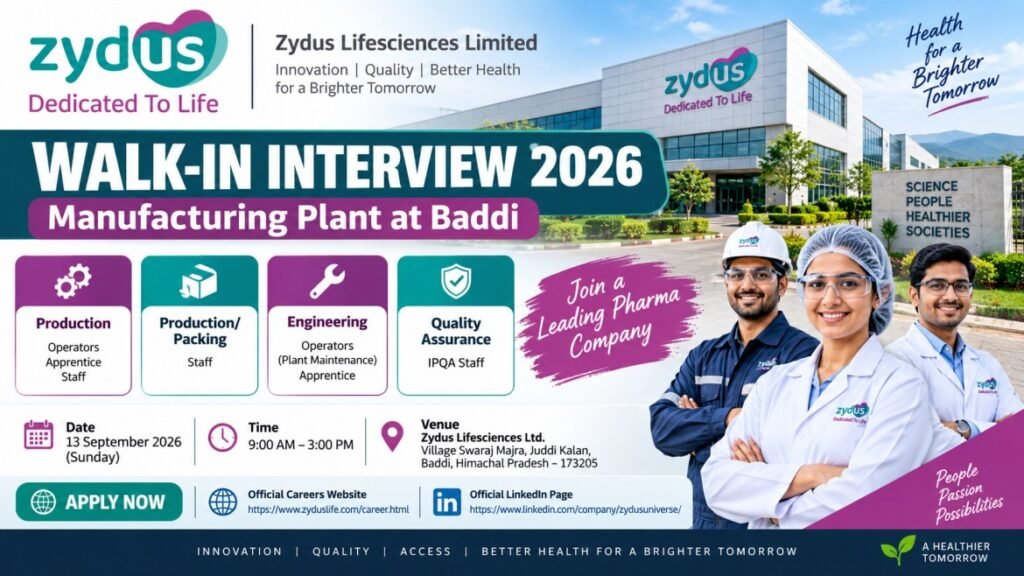 Zydus Lifesciences Recruitment 2026: Walk-In Interview for B.Pharm, M.Pharm, Diploma & ITI Jobs in Baddi