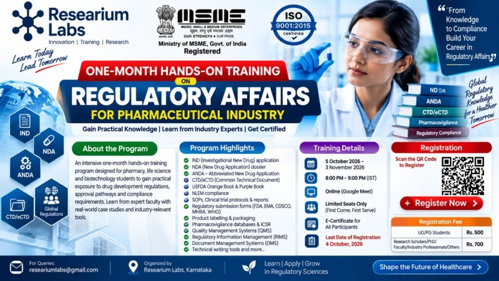 Regulatory Affairs Training 2026 | Online Pharma Regulatory Affairs Course | Researium Labs