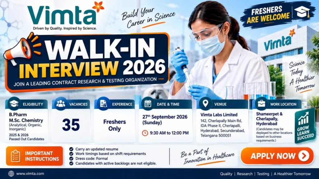 Vimta Labs Recruitment 2026 | Walk-in Interview for B.Pharm & M.Sc Chemistry Freshers | 35 Vacancies