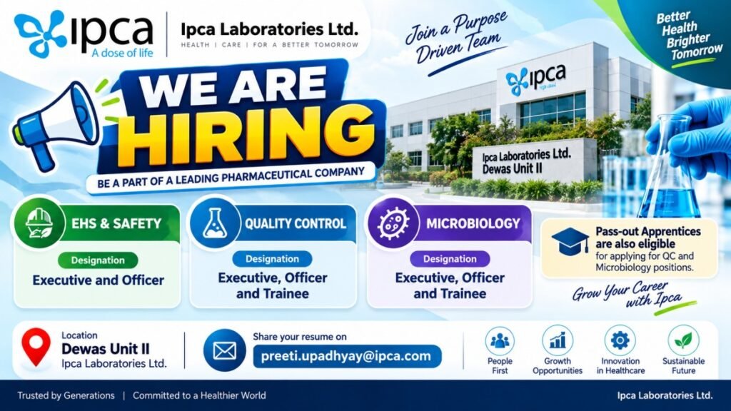 Ipca Laboratories Recruitment 2026 | Dewas Jobs | QC, Microbiology & EHS | Freshers
