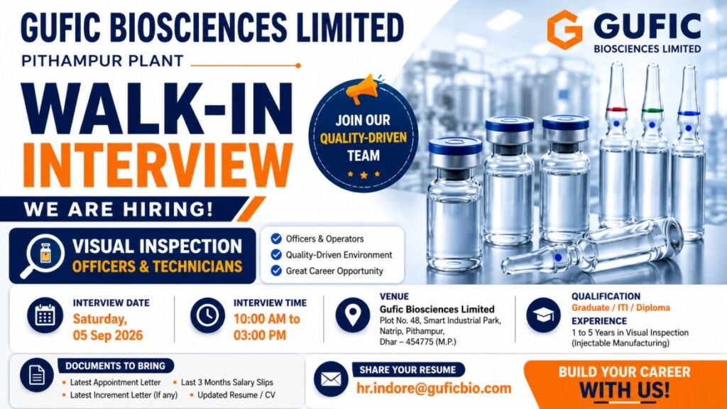 Gufic Biosciences Walk-In Interview September 2026 for Visual Inspection Officers & Technicians