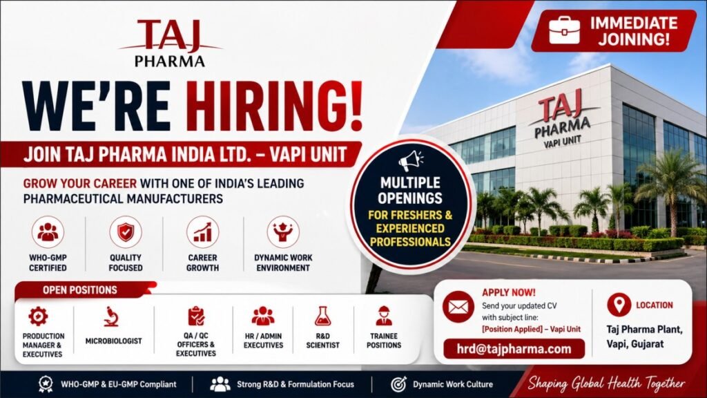 Taj Pharma Recruitment September 2026: Freshers & Experienced Jobs in QA, QC, Production, R&D, Microbiology at Vapi