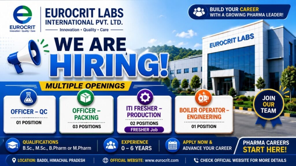 Eurocrit Labs Recruitment 2026: QC, Packing, Production & Engineering Jobs | B.Pharm, M.Pharm, B.Sc, M.Sc & ITI Apply