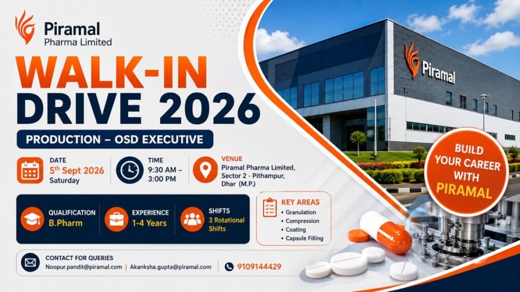 Piramal Pharma Walk-In Drive September 2026: B.Pharm Production OSD Executive Jobs in Pithampur