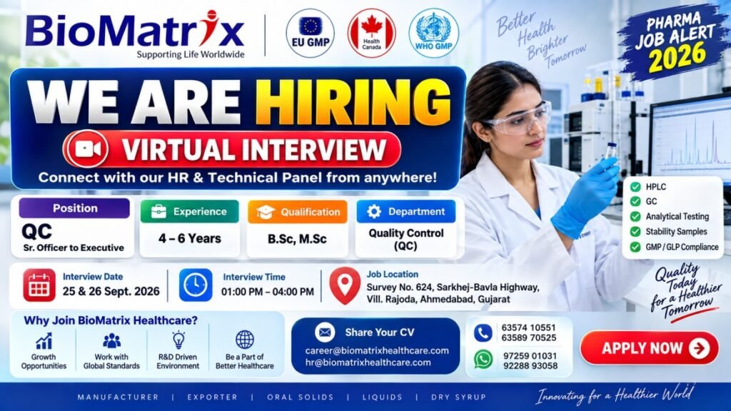 BioMatrix Healthcare Recruitment 2026 | QC Jobs | B.Sc/M.Sc | 4–6 Years Experience | Virtual Interview