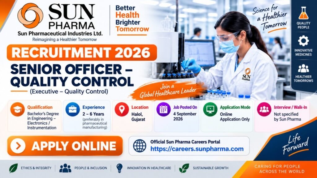 Sun Pharma Recruitment 2026: Senior Officer Quality Control Vacancy | 2–6 Years’ Experience | Halol Gujarat