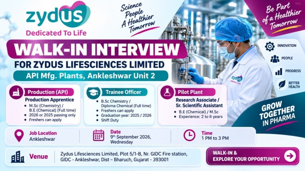 Zydus Lifesciences Walk-In Interview 2026: Freshers & Experienced Jobs in Ankleshwar | 9 September