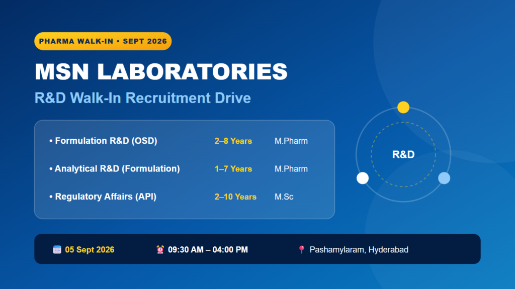 MSN Laboratories Walk-In Drive 2026 Hyderabad: M.Pharm R&D Jobs | 05 September 2026